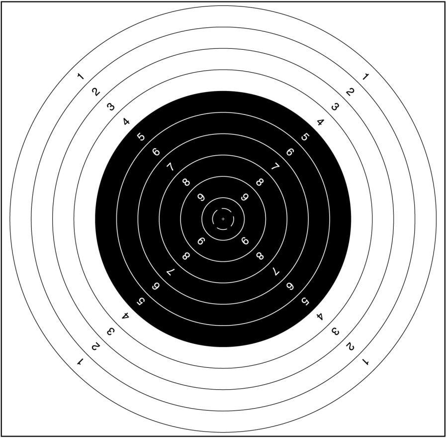 6.3.4 Officiella ISSF-tavlor 6.3.4.1 300 m gevärstavla 10-ring 100 mm (±0.5 mm ) 5-ring 600 mm (±3.0 mm ) 9-ring 200 mm (±1.0 mm ) 4-ring 700 mm (±3.0 mm ) 8-ring 300 mm (±1.0 mm ) 3-ring 800 mm (±3.