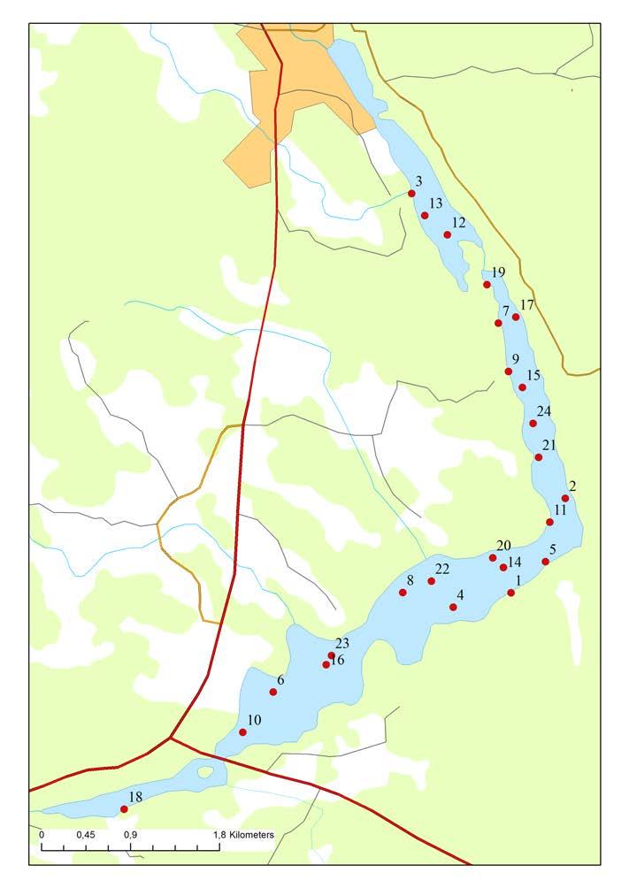 De olika nätens placering vid provfisket i Närdingen 2015.