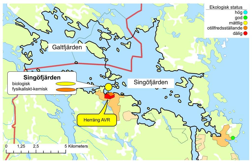 Galt- och Singöfjärden Galtfjärden upptar en yta av 32 km 2 och Singöfjärdens yta är 37 km 2. De båda vattenförekomsterna omfattar skärgårdsområdet från Hargshamn i väster till Singö i öster.