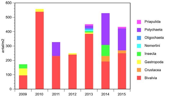 Figur 73. Jämförelse av bottenfaunans artsammansättning under åren 2009-2015 i Norrtäljeviken vid P3. Figur 74.