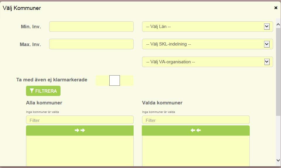 När man väljer kommuner finns möjligheten att filtrera utifrån storlek, län, SKL:s kommungruppsindelning eller VA organisation: Vilka frågor som kan sökas ut beror på vilka undersökningar som valts.