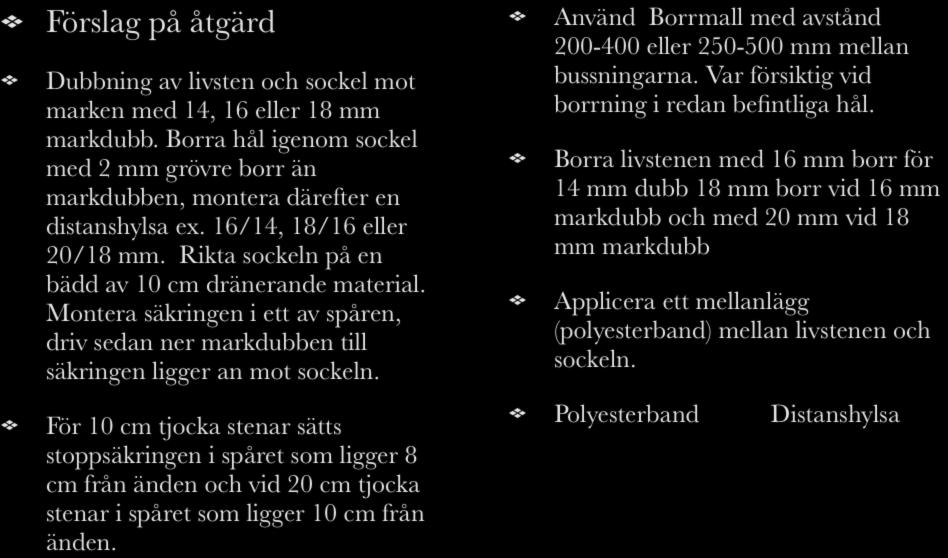 Gravvården har inte godkända dubbar och inte tillräckligt förankrad mot marken Förslag på åtgärd Dubbning av livsten och sockel mot marken med 14, 16 eller 18 mm markdubb.