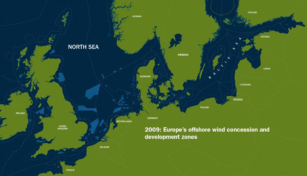 Vision om nät till havs Currently existing (red), currently planned (yellow), under study (green), under study with EWEA recommendation (blue), EWEA recommended grids