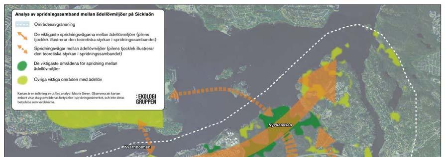 STARTPROMEMORIA 6 (8) Spridningsanalys Sicklaön, Ekologigruppen 2014. Planområdet markerat med röd ring.