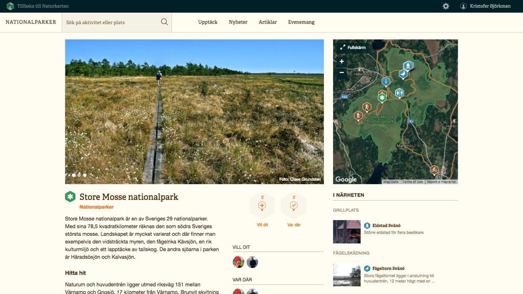 3.2.4 Naturkartan Naturkartan är en webbtjänst som gör det möjligt för intressenter och användare att skapa såväl egna som gemensamma natur- och friluftsguider för webb och
