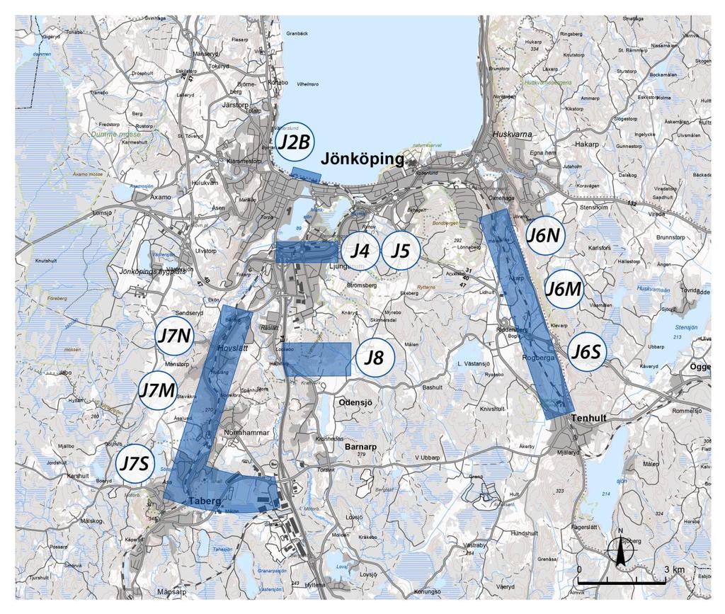 Figur 97. Stationsalternativ som valts ut för att ingå i den fördjupade analysen inför andra steget i urvalsprocessen för stationsalternativ i Jönköping.