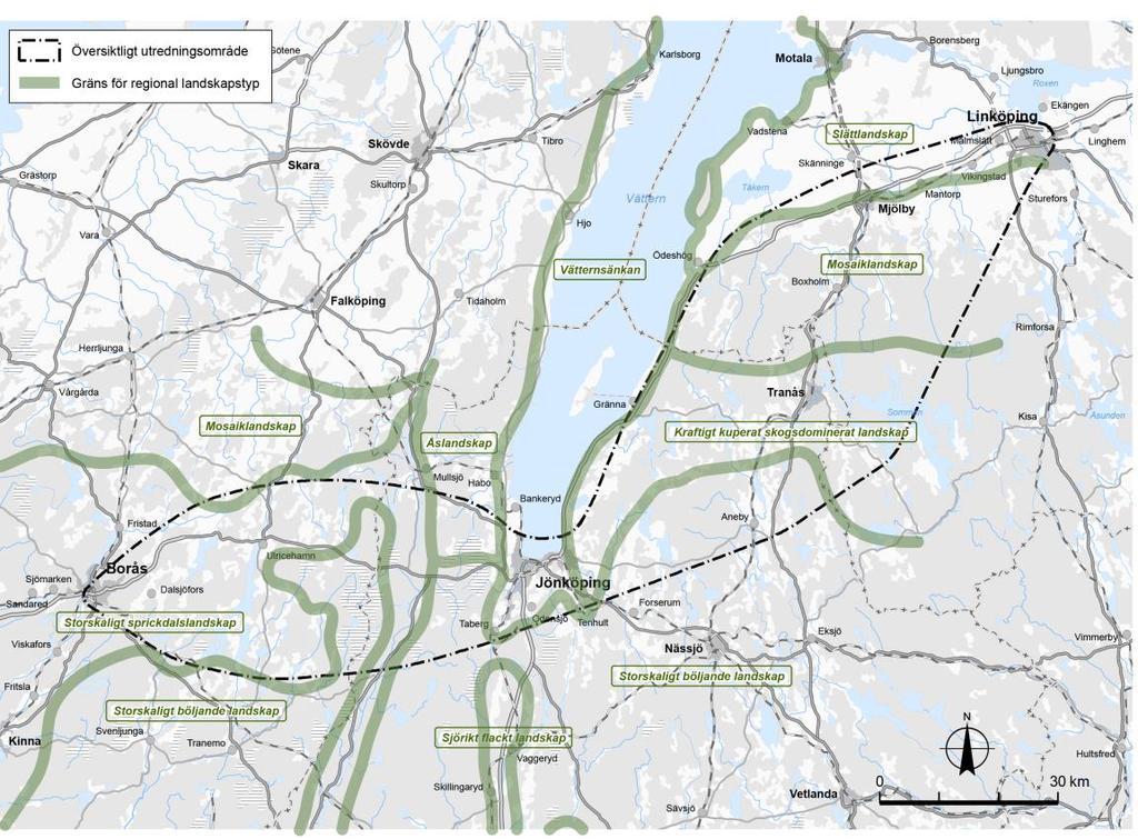 6.4 Landskapstyper och landskapskaraktärer Regionala landskapstyper Den översiktliga landskapskaraktärsanalysen från 2015 12 har definierat sju landskapstyper inom det översiktliga utredningsområdet