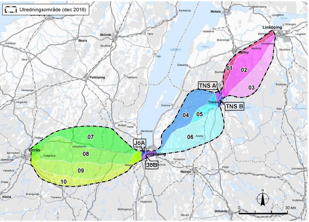 Bedömningar per delområde Indelning i delsträckor och delområden I syfte att underlätta beskrivningen av utredningsområdet har området delats in i fem delsträckor: Linköping-Tranås, Tranås,