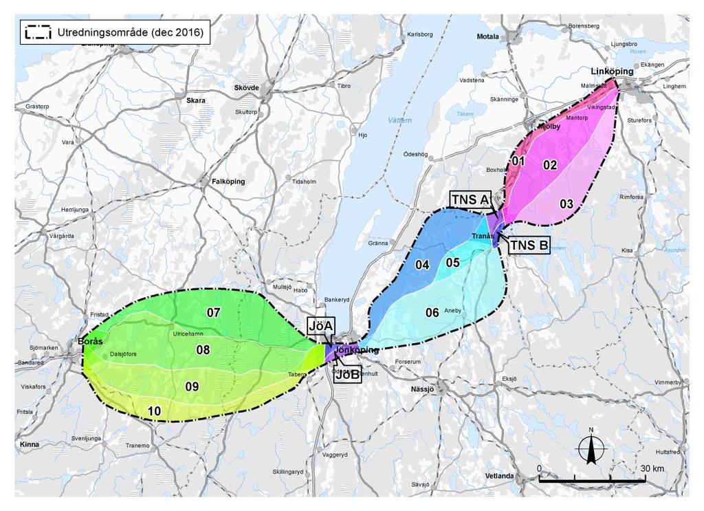 8.2 Delsträckor och delområden Eftersom utredningsområdet har en omfattande geografisk utbredning har området delats in i fem delsträckor: Linköping-Tranås, Tranås, Tranås-Jönköping, Jönköping och