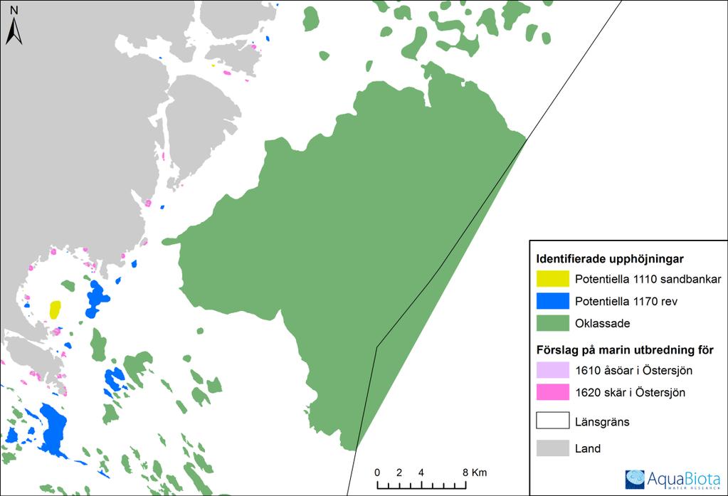 GIS-utsökning av Natura 2000-naturtyper - 1610 rullstensåsöar i Östersjön, 1620 skär i Östersjön, samt potentiella 1110 sandbankar och 1170 rev 4.