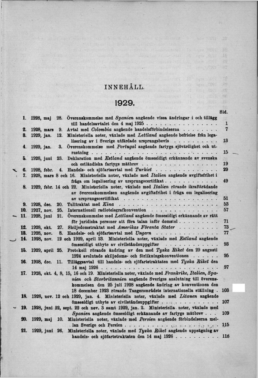 INNEHÅLL. 1 9 2 9. 1. 1928, maj 28. Överenskommelse med Spanien angående vissa ändringar i och tillägg till handelsavtalet den 4 maj 1925... 1 2. 1928, mars 9.