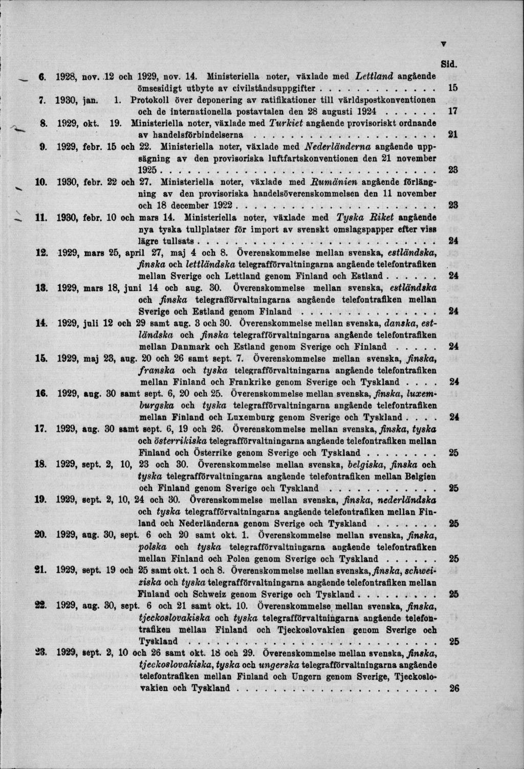 6. 1928, nov. 12 och 1929, nov. 14. MiniBteriella noter, växlade med Lettland angående ömsesidigt utbyte av civilståndsuppgifter... 15 7. 1930, jan. 1. Protokoll över deponering av ratifikationer till världspostkonventionen och de internationella postavtalen den 28 augusti 1924.