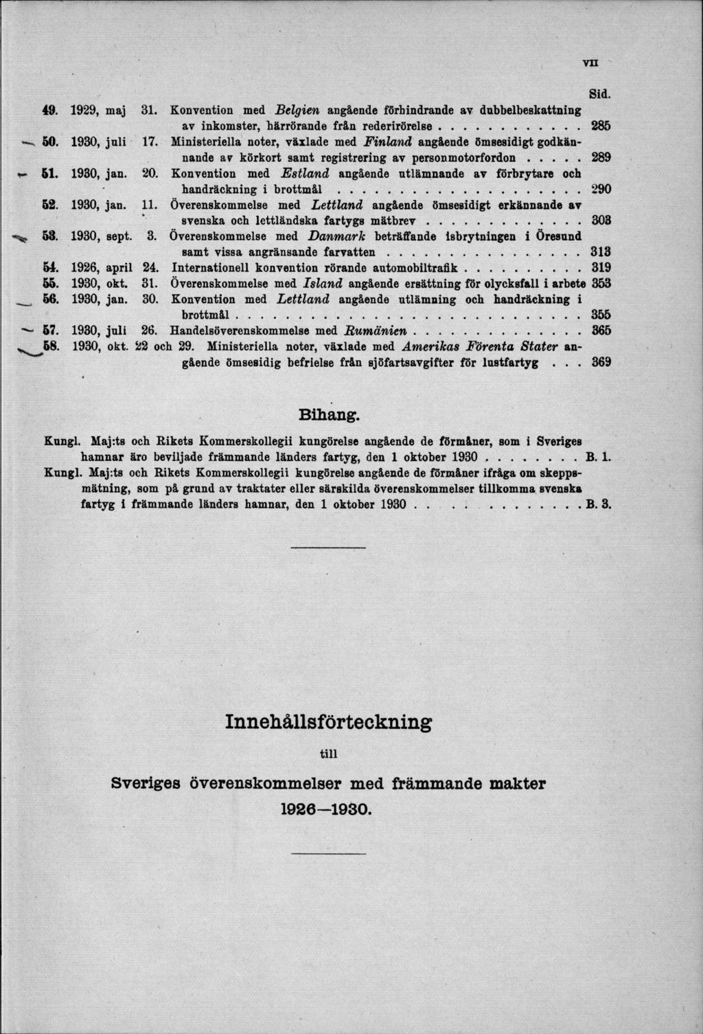 49. 1929, maj 31. Konvention med Belgien angående förhindrande av dubbelbeskattning av inkomster, bärrörande från rederirörelse...285 50. 1930, juli 17.