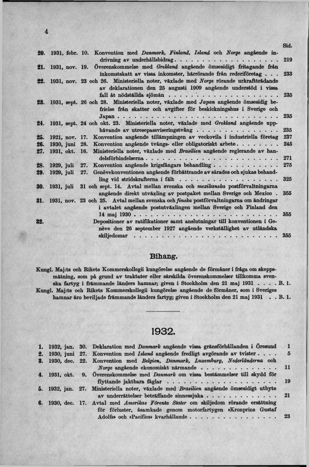 20. 1931, febr. 10. Konvention med Danmark, Finland, Island och Norge angående indrivning av underhållsbidrag...219 21. 1931, nov. 19. överenskommelse med Grekland angående ömsesidigt fritagande från inkomstskatt av vissa inkomster, härrörande från rederiföretag.