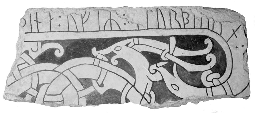 Runstenar och eskilstunakistor i Västergötland 157 Fig. 4. Eskilstunakista (tidigkristet gravmonument). Vg 53. a) Foto 1936, ATA 1102:44. b) 3D-modell, upplösning mellan mätpunkterna 0,27 mm.
