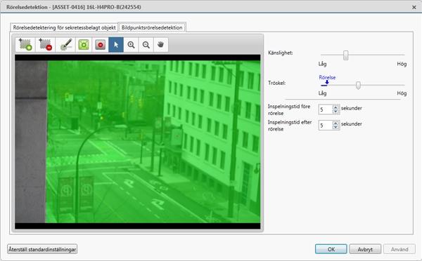 Figur 7: Dialogrutan Rörelsedetektion: Fliken Bildpunktsrörelsedetektion 3. Definiera hur känsligt systemet ska vara för pixelrörelser. a.