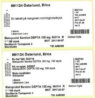 .1. Apoteksetikettens nuvarande märkning En inventering av aktuell märkning på apoteksetikett vid generiskt utbyte i Sverige gjordes i början av januari 2016 genom besök på apotek och kontakter med