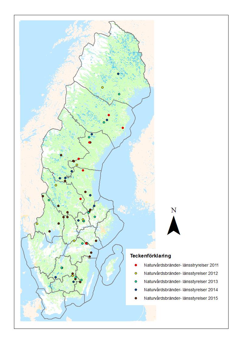 Figur 2. Den rumsliga fördelningen av alla naturvårdsbränder genomförda av länsstyrelser 2011-2015 på skyddad skogsmark i Sverige.