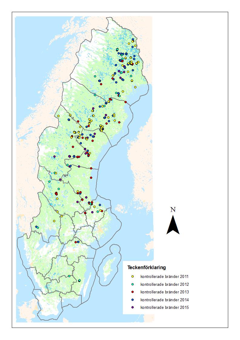 Figur 3. Den rumsliga fördelningen av naturvårdsbränder och hyggesbränningar genomförda av skogsbolag (Bergvik, SCA, Sveaskog & Holmen) åren 2011-2015 i Sverige.