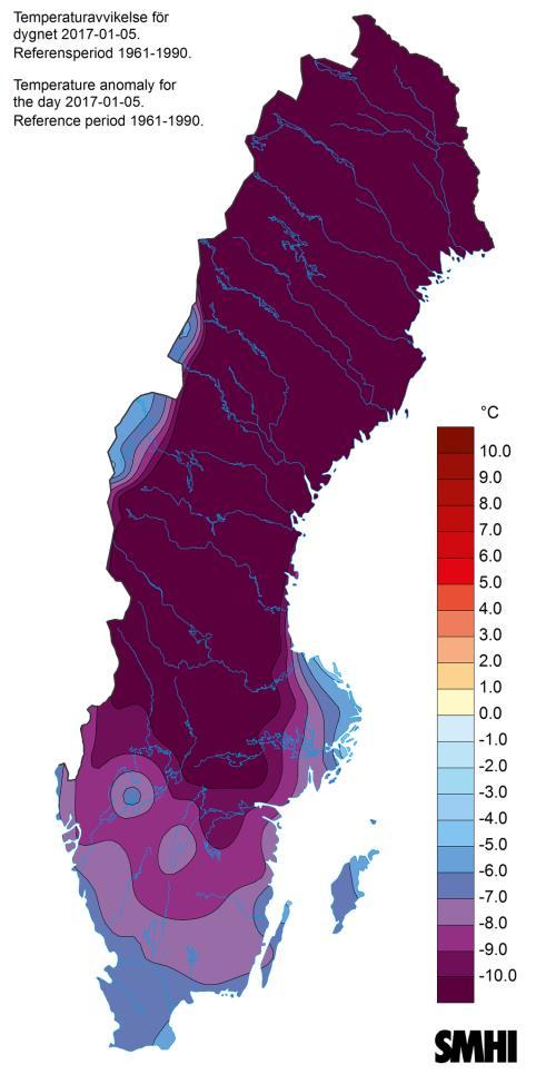 Figur 5. Dygnsmedeltemperaturens avvikelse från det normala den 5 januari 2017. Referensperiod 1961 1990. Källa: SMHI.