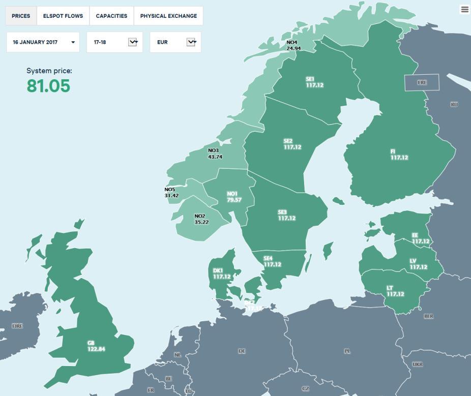 Figur 7. Spotpriser i Norden och Baltikum under timmen med vinterns högsta spotpris, den 16 januari 2017 kl. 17 18. Källa: Nord Pool.