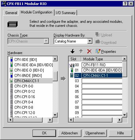 Följande bild visar fliken "Module Configuration" för CPX ter minalen.