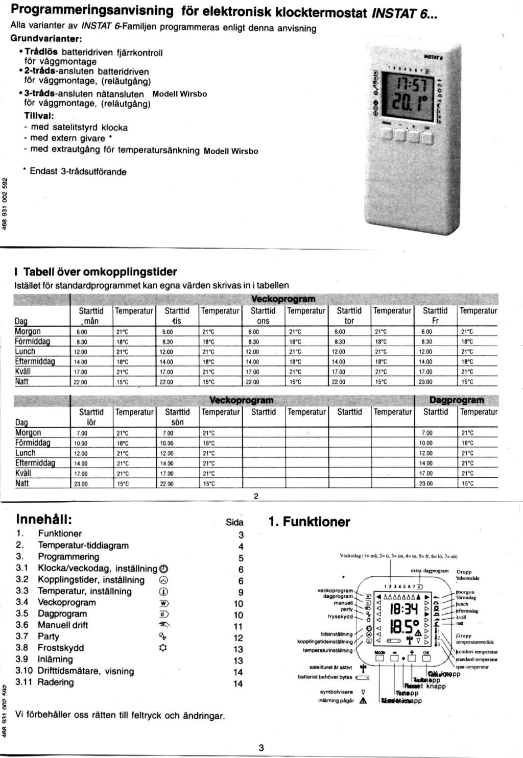 Programmeringsanvisning för elektronisk klacktermostat INSTAT.