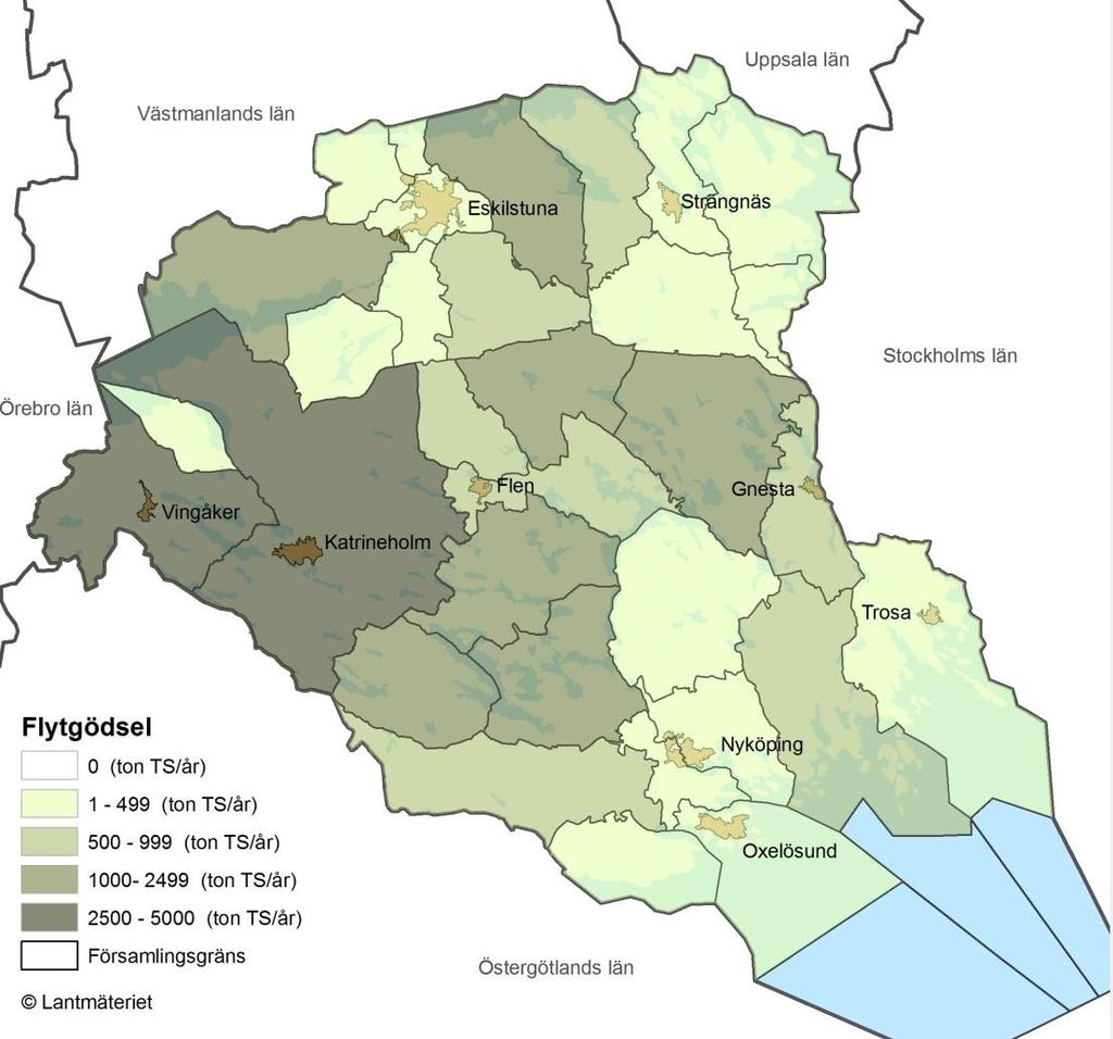 3.1.1. Flytgödsel Potentialen från flytgödsel uppgår till ca 30 000 ton TS per år. I Figur 5 presenteras potentialen på församlingsnivå. Figur 5. Församlingsvis fördelning av bioenergipotentialen från flytgödsel i Södermanland.