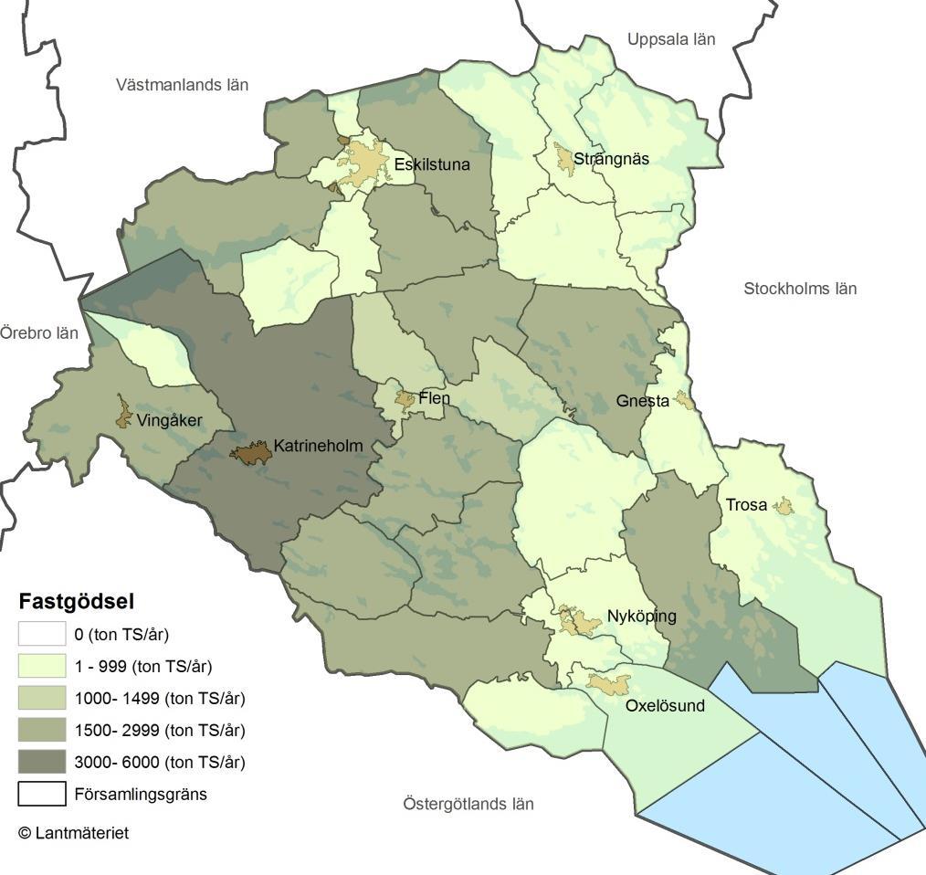 3.1.2. Fastgödsel Potentialen från fastgödsel uppgår till ca 40 000 ton TS per år. I Figur 6 presenteras potentialen på församlingsnivå. Figur 6. Församlingsvis fördelning av bioenergipotentialen från fastgödsel i Södermanland.
