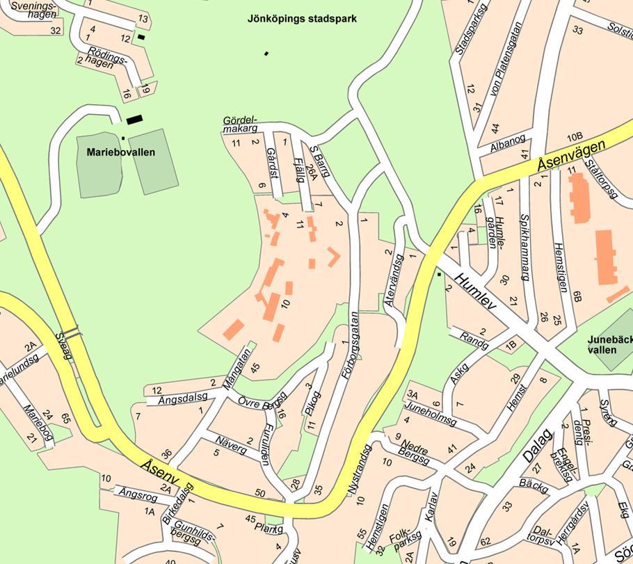 För att nå den nya förskolan utgör i huvudsak Förborgsgatan den enda alternativa gatan till Humlevägen. Se karta 14 nedan.