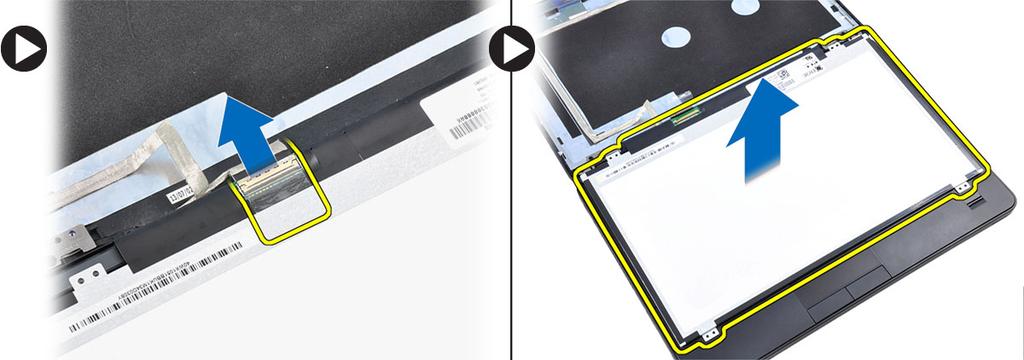 a. Ta bort tejpen och koppla bort LVDS-kabeln (low-voltage differential signaling) från baksidan av bildskärmspanelen. b. Ta bort bildskärmspanelen från bildskärmsmonteringen.