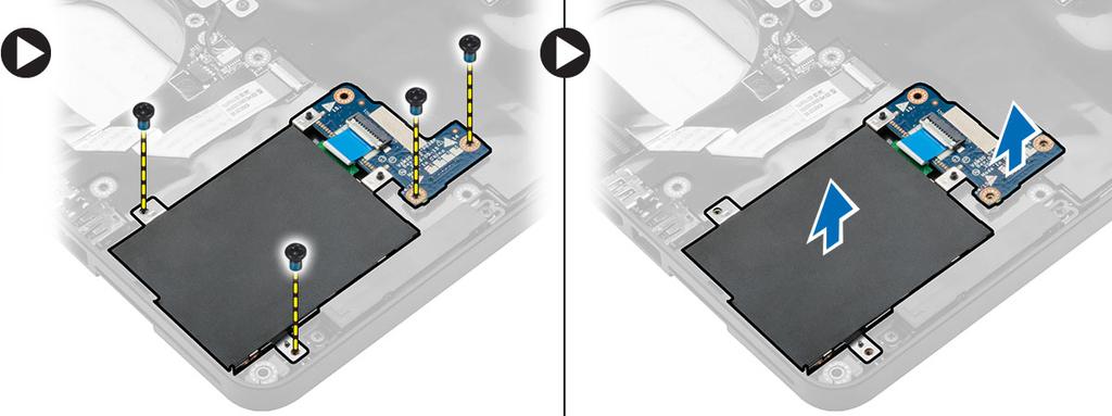 f. bildskärmsgångjärnet g. handledsstödet 3. Utför följande steg: a. Ta bort skruvarna som håller fast ExpressCard-hållaren. b. Lyft ut ExpressCard-lådan ur datorn. Installera ExpressCard-hållaren 1.