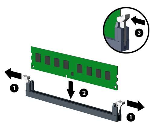 9. Öppna sockelns båda hakar (1) och tryck in minnesmodulen i sockeln (2). Bild 10 Installera en DIMM En minnesmodul kan bara installeras på ett sätt.