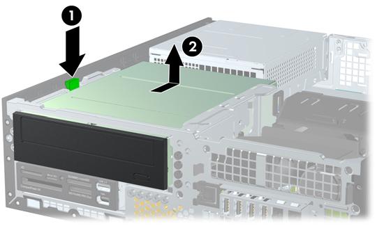 10. Tryck ned enhetens gröna låshake på vänster sida av enheten för att lossa den från infästningen (1). Håll ned spärren medan du skjuter enheten bakåt tills det tar stopp.