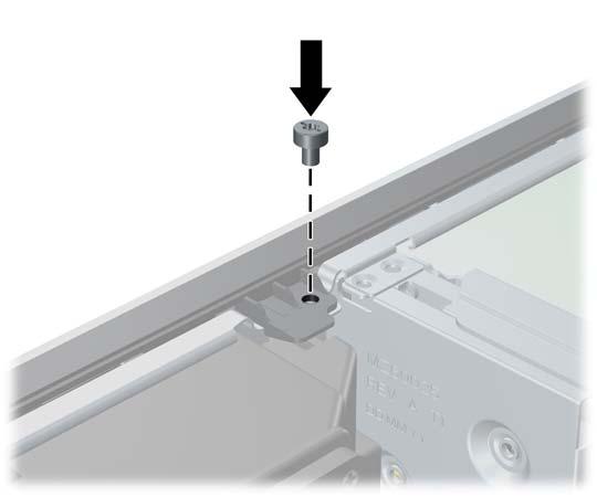 Montera säkerhetsskruven bredvid den mittre frigöringsspärren för frontpanelen så att panelen låses på plats.