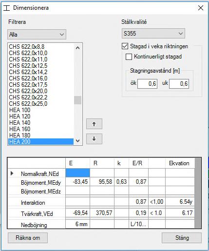 caeec310 Balk stål Sidan 21(33) 3.4 Dimensionera Här görs själva dimensioneringen av balken/pelaren. 3.4.1 Balkdimension I menyn under Balkdimension erhålls beräkningsresultat för angivna data.