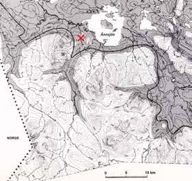 figur 2. Fyndlokalen på Täljstensvalen (röda krysset) i sydvästra Jämtland vid norra mynningen av Handölsdalen. Mt.