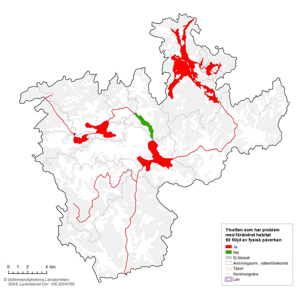 Figur 7. Vattenförekomster där Förändrade habitat genom fysisk påverkan angivits som miljöproblem. 2.5.