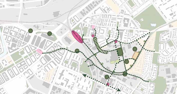 PLANERINGSRIKTLINJER Grön stad Principiell bild av ett nätverk av parker och gröna stråk.