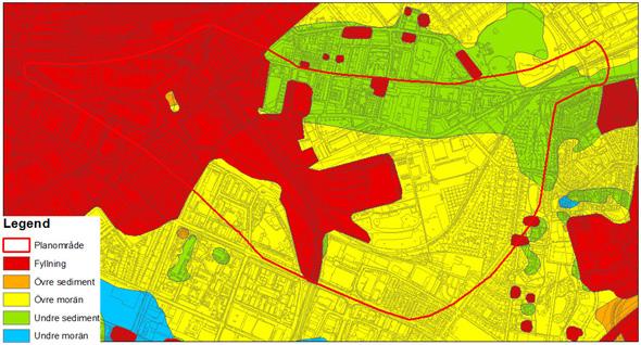 18 Miljökvalitetsnormer för vatten Jordartskartan över planområdet visar att det i huvudsak består av utfyllnadsmassor (rött) och morän (gult).