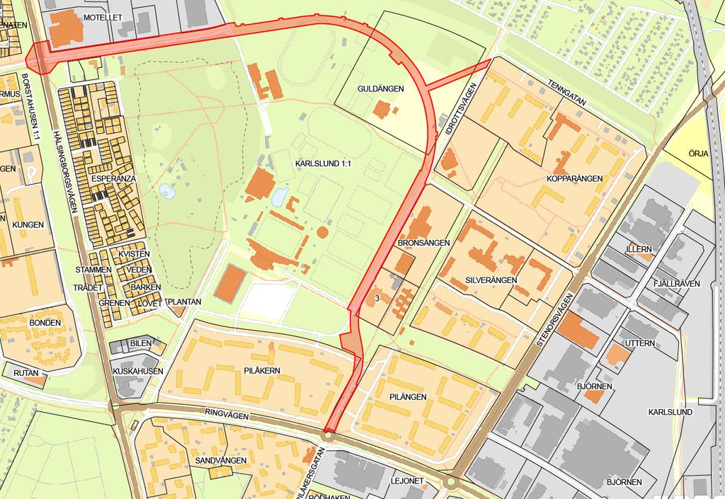 Markanvändning Planområdet utgörs till största del av befintliga gator men även av ytor som ingår i idrottsområdet, avrivna grusytor (f.d. Alvar Gullstrandskolan) samt park/plantering.