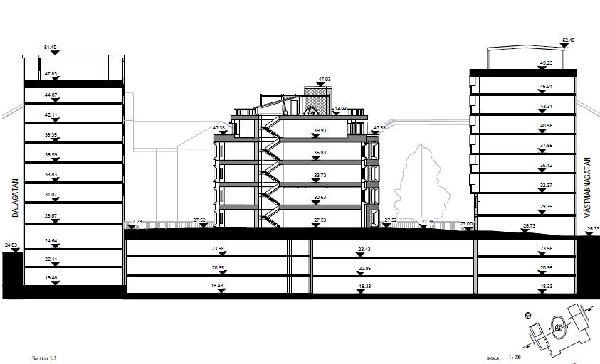 Sida 16 (28) Sektion, Sweco. Byggnaden föreslås ha fyra våningar samt en indragen femte våning. Taket föreslås utformas som en gemensam takterrass där ett transparant trapphus sticker upp.