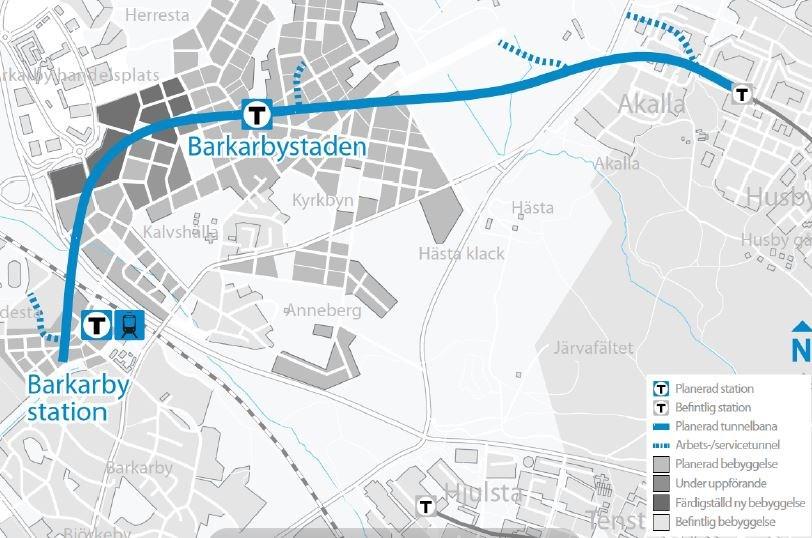 Sida 4 (10) Akalla Barkarby Tunnelbanan förlängs från befintlig station Akalla till ny station Barkarbystaden och vidare till ny slutstation Barkarby Station.