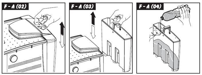 Ta bort locket (Fig.02) från vattentanken och ta sedan bort vattentanken (Fig.03) från maskinen.