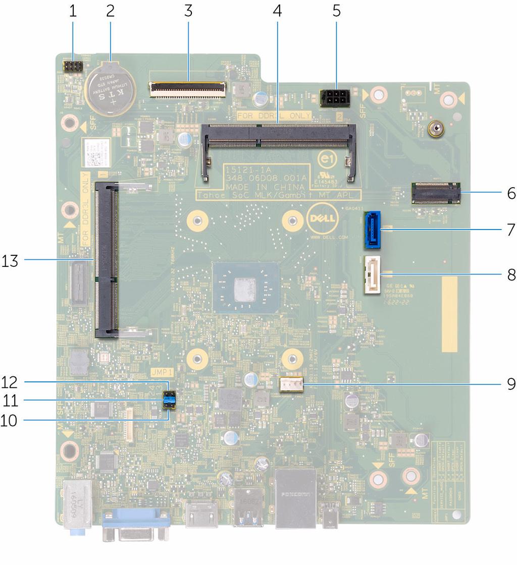 System board components 1 power-button cable connector 2 coin-cell battery 3 I/O-cable connector 4 memory-module (slot 2) 5 hard-drive and optical drive powercable connector 6