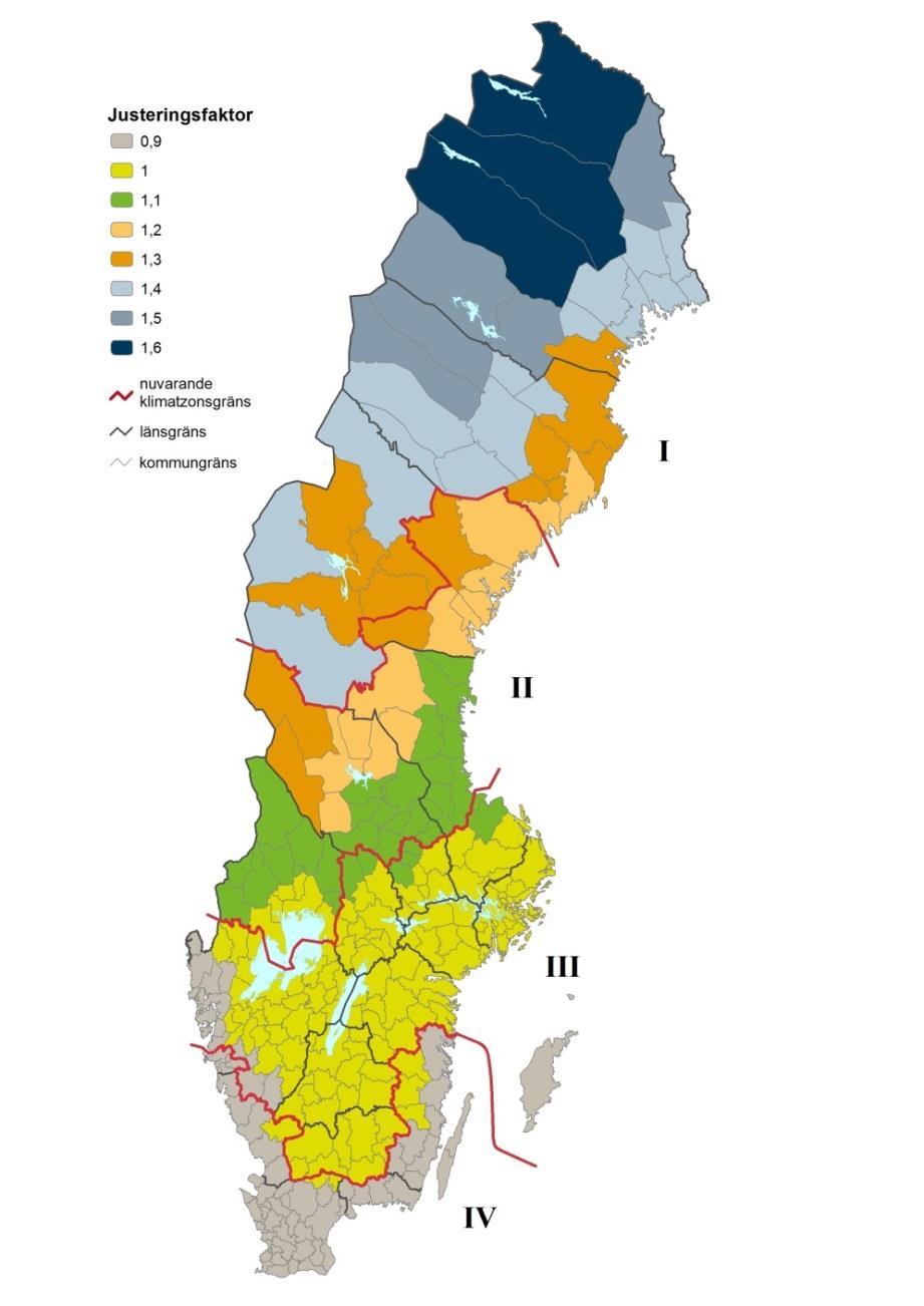 Geografiska justeringsfaktorer Klimatzon F geo I 1,2 1,6 II 1,0 1,3 III 0,9 1,1 IV 0,9 1,0 F geo = 1,0 referens i