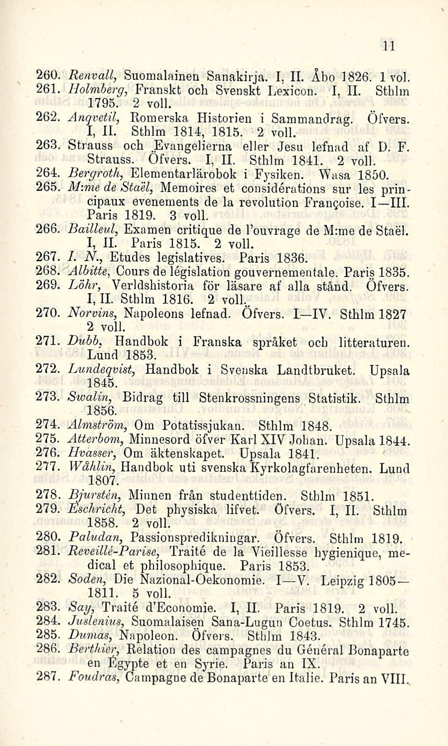 260. Renvall, Suomalainen Sanakirja. I. 11. Åbo 1826. 1 voi. 261 Holmberg, Franskt och Svensk! Lexicon. I, 11. Sthlm 1795. 2 voll. 262, Ånqvetil, Romerska Historien i Sammandrag. Öfvers.