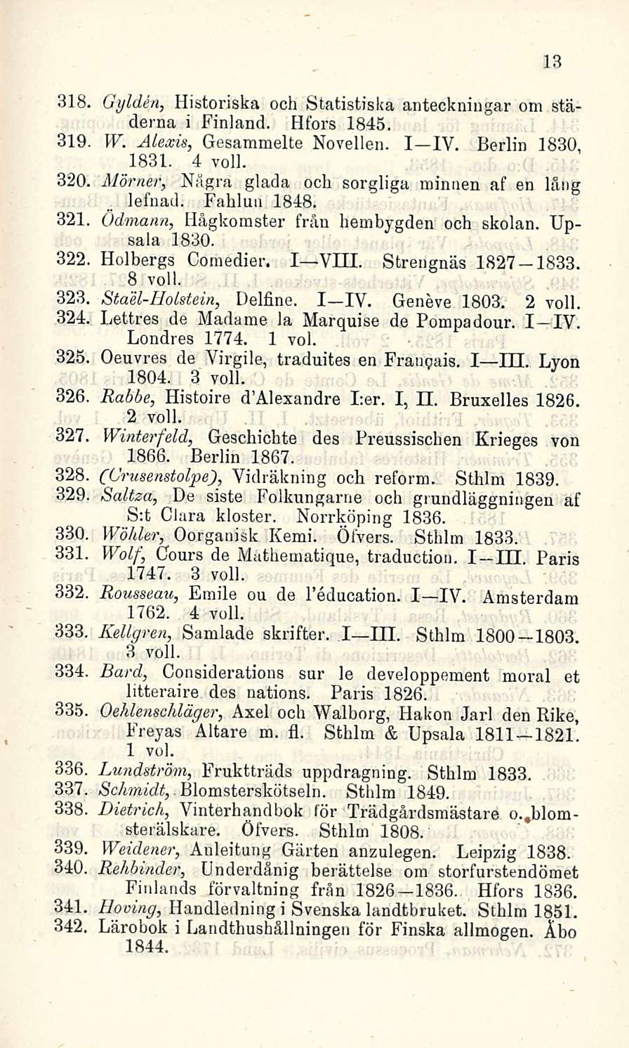 318, Gylden, Historiska och Statistiska anteckniugar om stadeina i Finland. Hfors 1845. 319 W. Alexia, Gesammelte Novellen. I IV. Berlin 1830, 1831. 4 voll. 320.