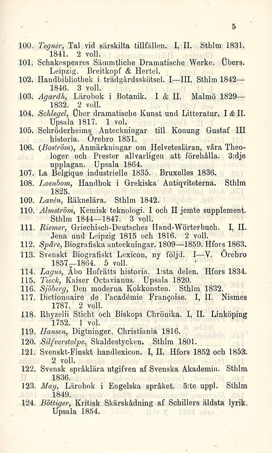 100. Tegner, Tai viti särskilta tillfällen. I, 11. Sthlm 1831, 1841. 2 voll. 101. Schakespeares Säramtliclie Dramatische Werke. Übers. Leipzig. Breitkopf & Hertel. Handbibliothek i trädgårdsskötsel.