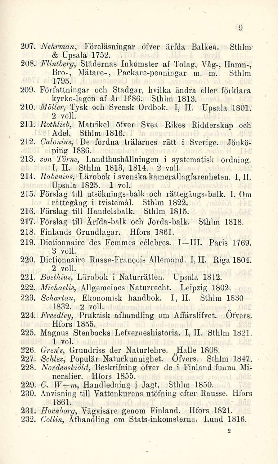 207, Nehrman, Föreläsningar öfver ärfda Balkeu. Sthlm & Upsala 1752. 208, Flintberg, Städernas Inkomster af Tolag, Våg-, Hamn-, Bro-, Mätare-, Packars-penningar m. m. Sthlm 1795. 209.